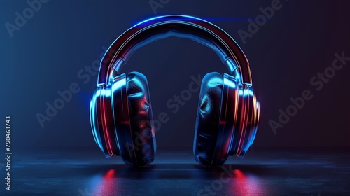 Futuristic headphones with neon glow and dynamic blue lighting on a textured surface