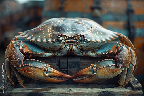 An electric blue crab, a terrestrial arthropod, sits atop a wooden box