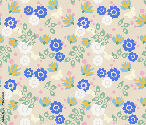 Butterflies and Blue Floral Repeat Pattern
