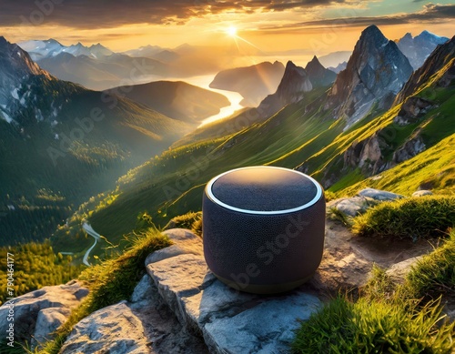 Top view, A smart speaker with a modern cylindrical design, equipped with voice assistant technology for hands-free control of music playback, smart home devices, and more.