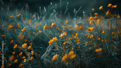 Serene meadow of golden wildflowers against a muted blue backdrop, capturing nature's quiet beauty