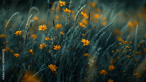 Serene meadow of golden wildflowers against a muted blue backdrop, capturing nature's quiet beauty