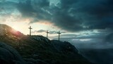 View of the Cross on the hill at dawn, with a beautiful sea of ​​clouds