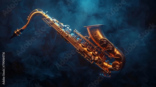 Mystique of jazz: Golden saxophone enveloped in blue smoke on a dark stage