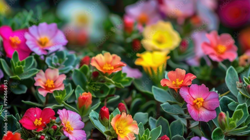 Colorful Blossoms of Portulaca grandiflora with Overlapping Petals - obrazy, fototapety, plakaty 