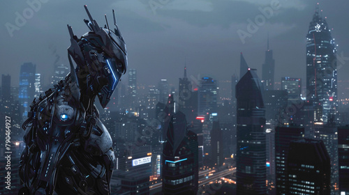 Alien robot destroying city close up view concept. Giant robots with red eyes are attacking on city and humans. photo