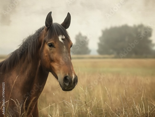 A brown horse is standing in a field of tall grass. The horse is looking directly at the camera, and the scene has a peaceful and serene mood © MaxK