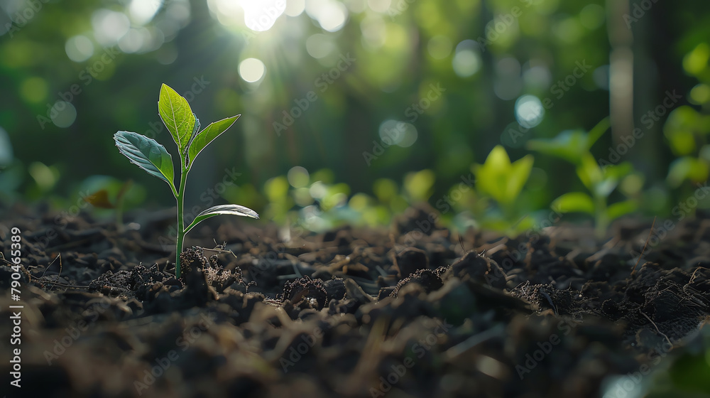 Close-up of a seedling emerging from the soil with a backdrop of a forest, symbolizing new growth and natural beginnings. Close-up of a seedling emerging from the soil with a backdrop of a forest, symbolizing new growth and natural beginnings.