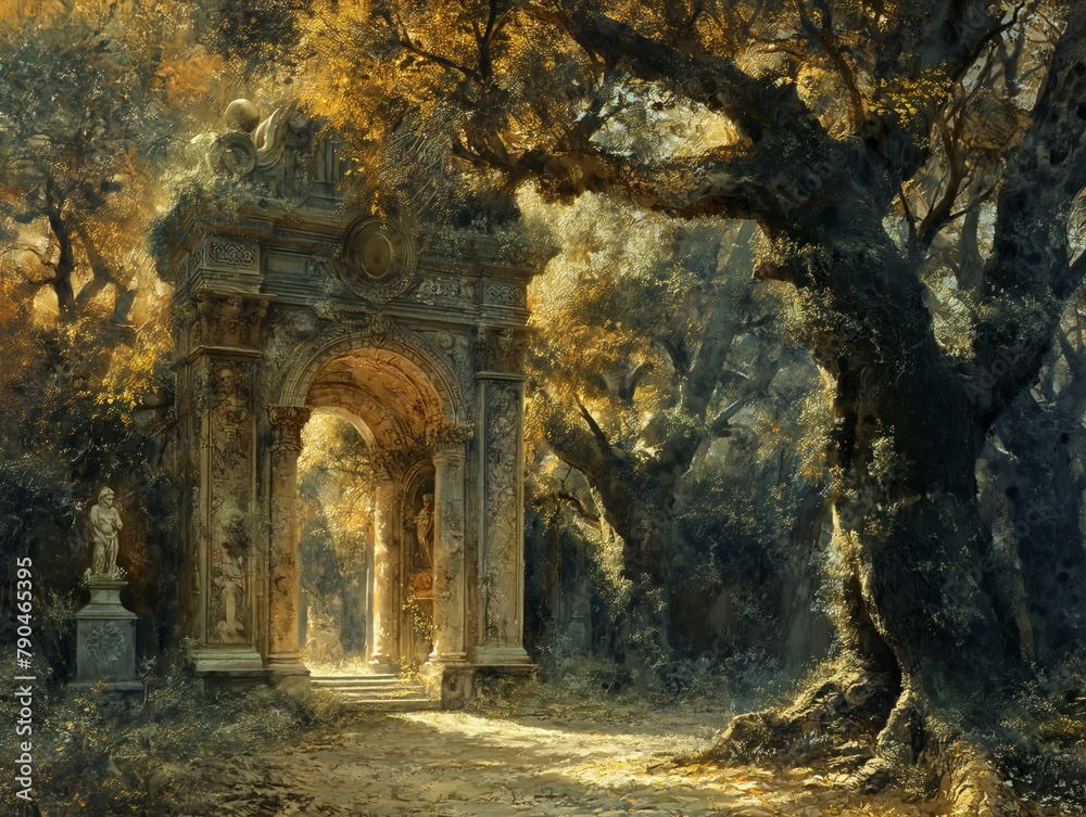 A painting of a forest with a stone archway in the middle. The archway is surrounded by trees and there is a statue in the foreground. The painting has a serene and peaceful mood