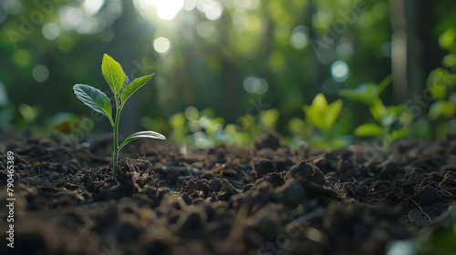 Close-up of a seedling emerging from the soil with a backdrop of a forest, symbolizing new growth and natural beginnings.