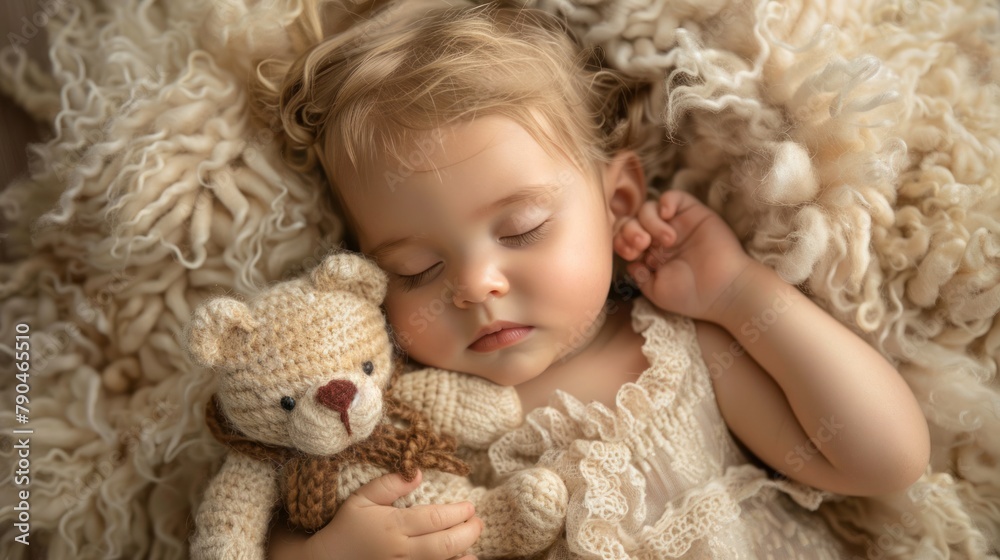 Sleeping baby girl hugged by her toy teddy bear When viewed from above Conveying the essence of innocence and comfort during quiet relaxation time. Sleeping baby girl hugged by her toy teddy bear When viewed from above Conveying the essence of innocence and comfort during quiet relaxation time.