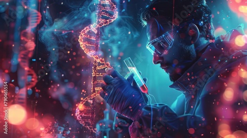 Medical innovation with a wide holographic banner showcasing scientists doing pharmaceutical research, medicine, and biotechnology to sequence DNA 