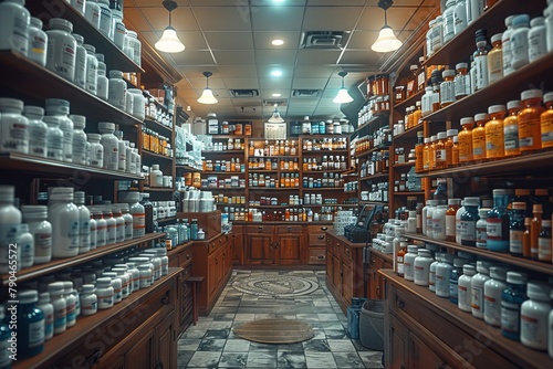 Retail building with shelves filled with medicine bottles