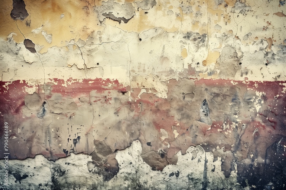 Grungy old wall background with layers of colorful peeling paint. 