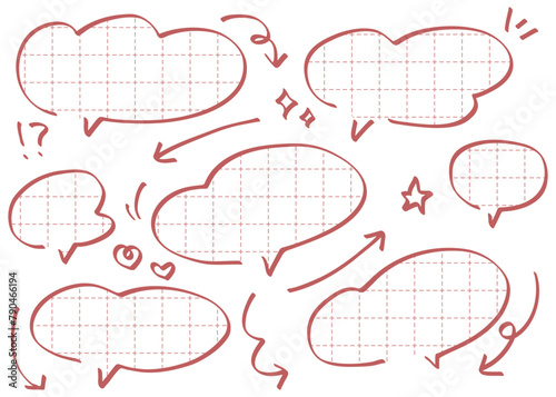 手書きの吹き出しセット、方眼紙の背景フレーム