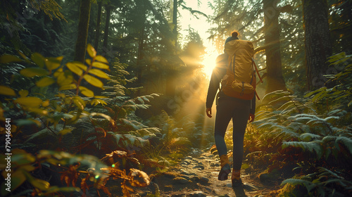 a joyful woman hiking along a sun-dappled forest trail photo