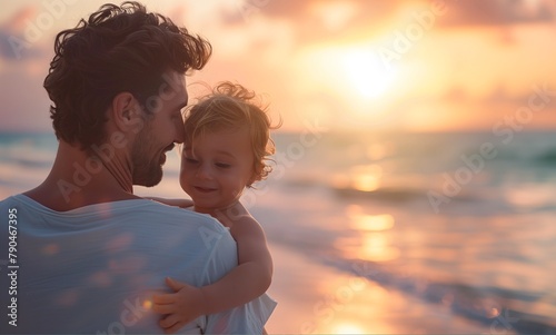 Father's day. Father and baby son playing together outdoors on summer beach photo