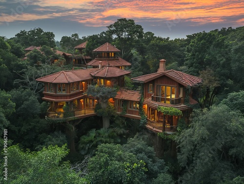 A beautiful house with a lot of trees and a view of the sunset. The house is surrounded by a lush green forest