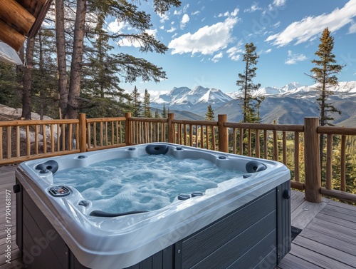 A large, clear hot tub sits on a deck overlooking a mountain range. The view is breathtaking and the hot tub is inviting photo