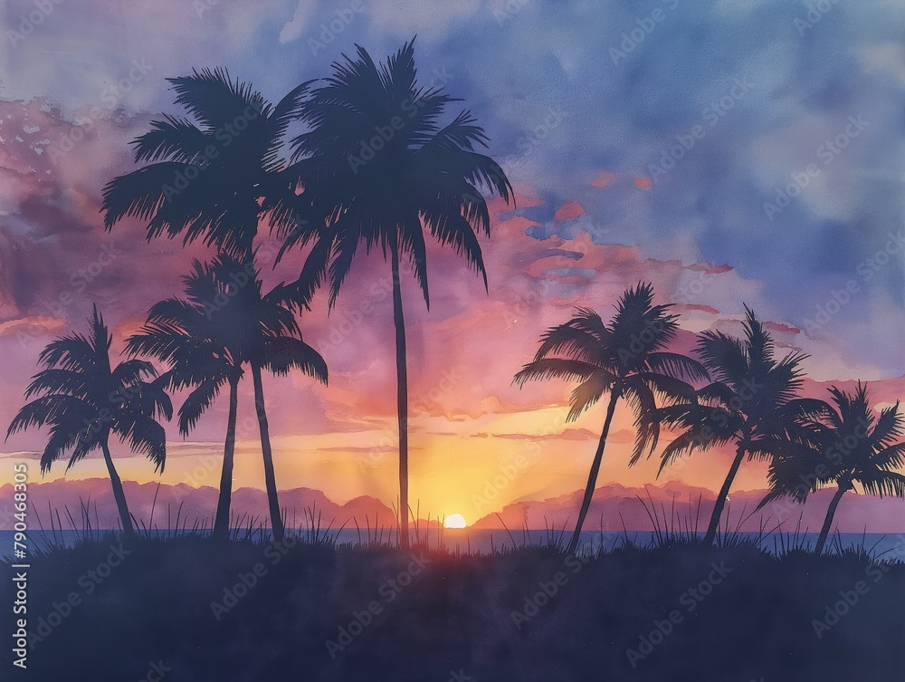 A painting of a sunset over the ocean with palm trees in the foreground. The painting evokes a sense of relaxation and tranquility, as the warm colors of the sunset