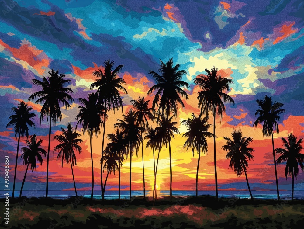 A beautiful painting of a sunset over a beach with palm trees. The sky is filled with clouds and the sun is setting, casting a warm glow over the scene. The palm trees are tall and lush