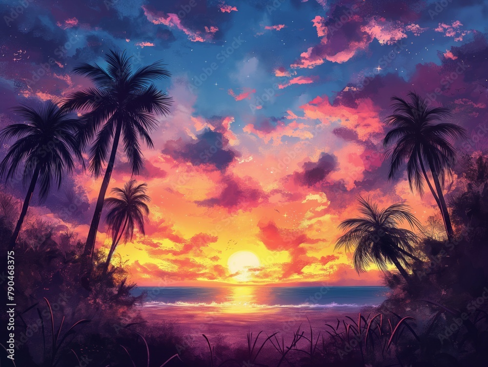A painting of a sunset with palm trees and a beach. The sky is filled with clouds and the sun is setting. The mood of the painting is peaceful and serene