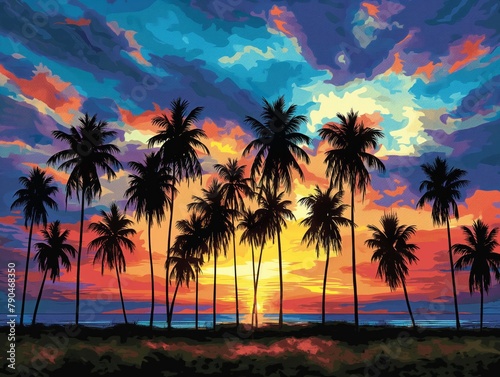 A beautiful painting of a sunset over a beach with palm trees. The sky is filled with clouds and the sun is setting  casting a warm glow over the scene. The palm trees are tall and lush