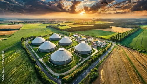 Top view, Biomass power plants dot the countryside, surrounded by fields of crops and forests, where organic waste is transformed into renewable energy through combustion or anaerobic digestion. photo