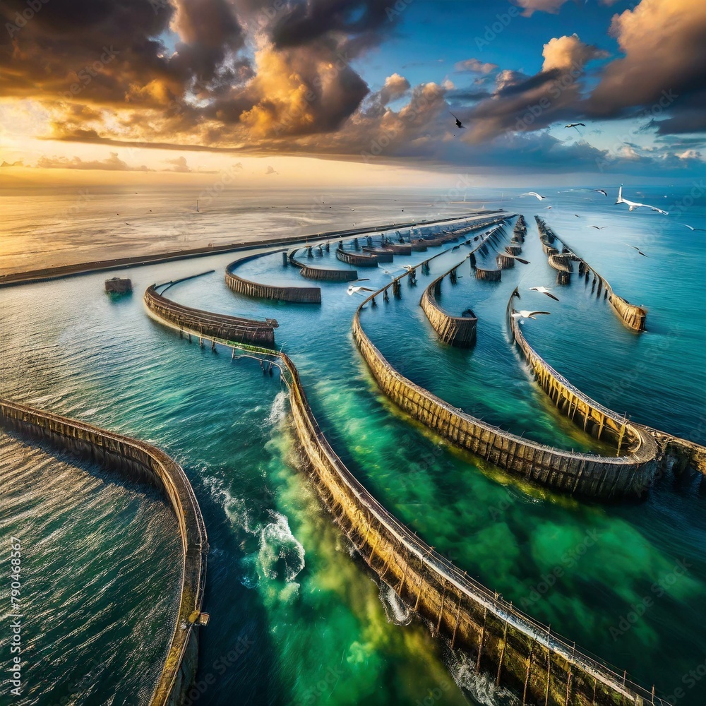 Top view, Tidal energy farms sit offshore, their underwater turbines ...