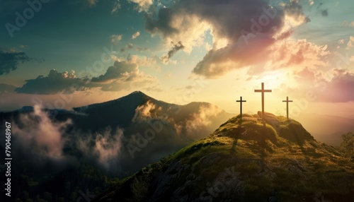 View of the Cross on the hill at sunlight, with a beautiful sea of ​​clouds