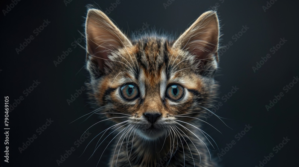 Captivating Kitten with Tiger Like Fur Stares into Camera Winning Hearts with Endearing Eyes and Charismatic Presence