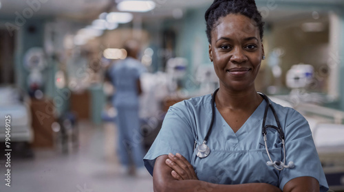 Confident African American healthcare professional smiling in modern hospital ward background