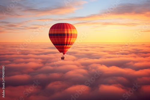 Colorful hot air balloon floats over a sea of clouds at sunset