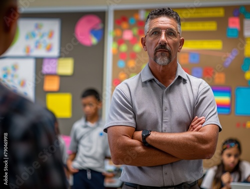 A man with a mustache stands in front of a classroom board with a pie chart on it. He is wearing a gray shirt and has his arms crossed. The man is a teacher or a school administrator photo