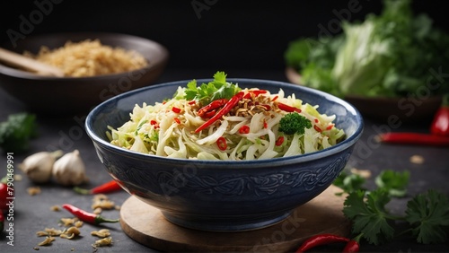 Sichuan Stir-Fried Cabbage Shredded cabbage stir-fried with garlic, ginger, and chili peppers