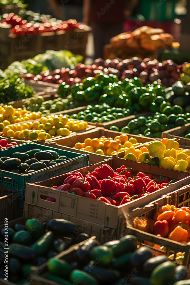 Abundant display of fresh vegetables and fruits beautifully arranged in baskets at a sunlit local farmers market