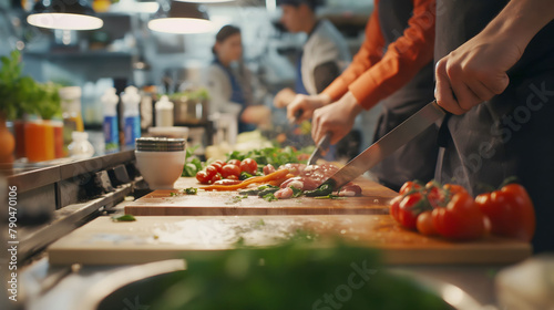 The vibrant rush in a professional kitchen with chefs chopping fresh ingredients and coordinating meal prep
