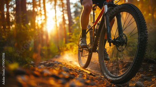 Action shot of a mountain biker riding a trail at sunset with dust flying around and forest background