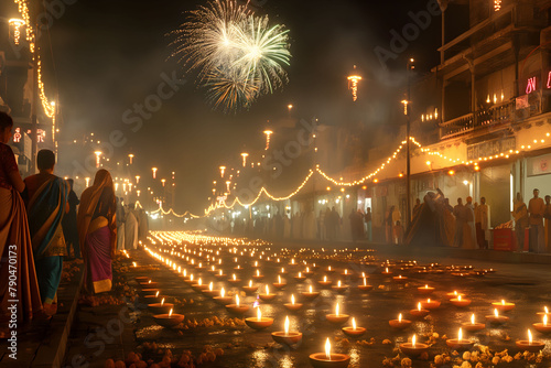 A stunning display of Diwali festivities with fireworks lighting up the sky as rows of oil lamps illuminate the scene
