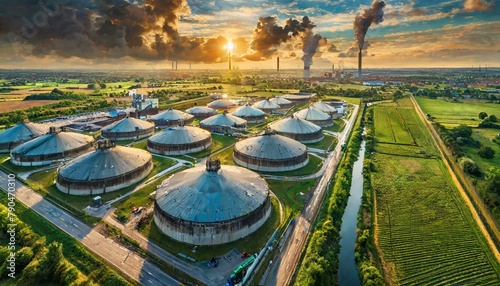 Top view, Waste-to-energy facilities stand amidst industrial zones, converting organic waste and landfill gases into renewable biogas and electricity through processes like anaerobic digestion and inc photo