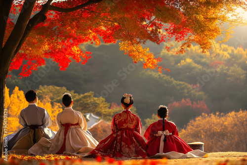 Four people in Hanbok sitting under a maple tree with vibrant fall colors surrounding them photo