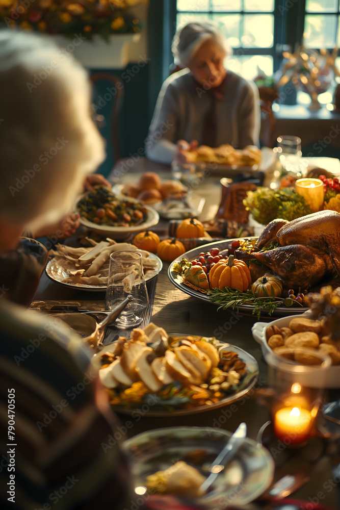 A warmly lit festive table at Thanksgiving hosting a family immersed in celebration and gratitude