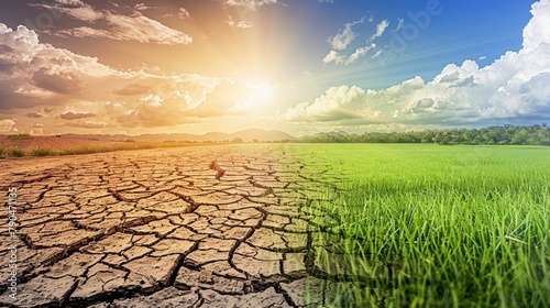 A split landscape in half showing drought dry cracked earth on one side and a green grassy field with a blue sky on the other, climate change concept, world environment day