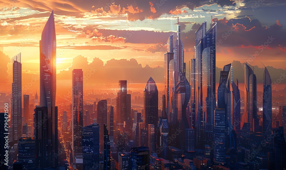 Fototapeta premium Capture the essence of modern innovation with a traditional oil painting of a futuristic city skyline at sunset, blending sleek skyscrapers with organic elements