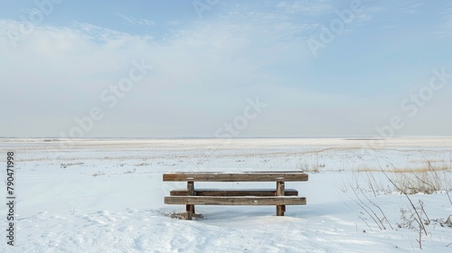 A wooden bench and table made by hand set against a vast snowy field