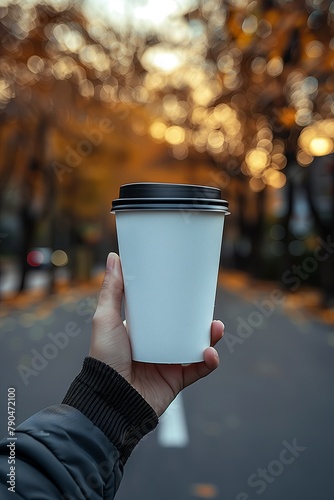 Product photography - a cup of coffee to go, pastel colors, minimalistic design, clean lines. A coffee drink in a disposable cup, in hand. Concept of morning spring coffee at dawn.