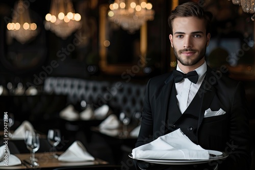 A young, elegant male waiter wearing a tuxedo and bow tie, holding a serving tray in a luxurious restaurant setting. photo