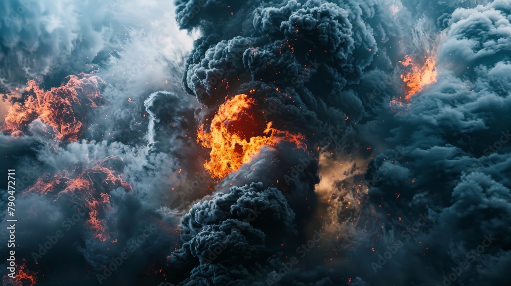 Step into the aftermath of a powerful explosion with this captivating image of a large fireball shrouded in dense black smoke