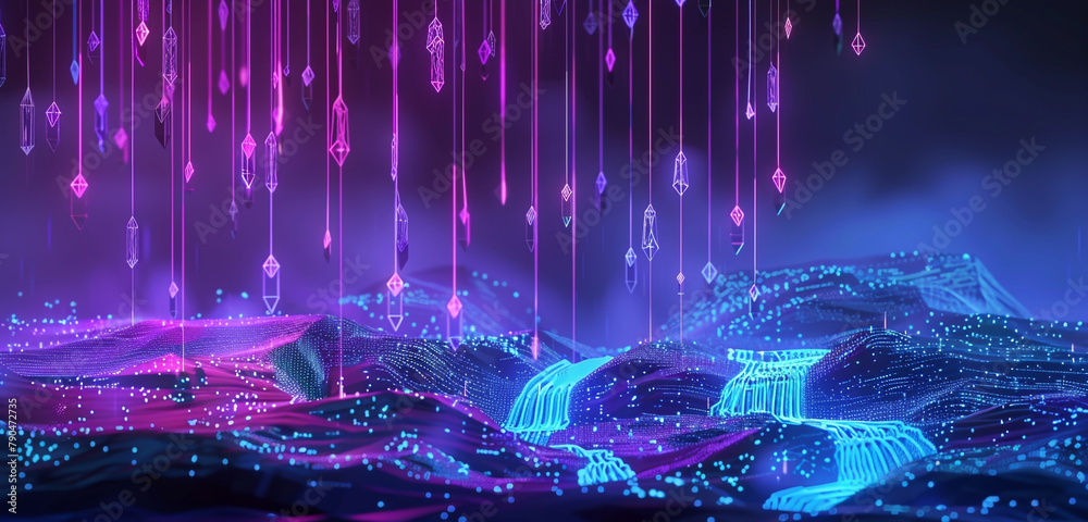 A cascade of digital neon rain on a low poly landscape, symbolizing the downpour of information in the digital age