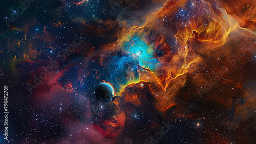 A cosmic confluence where the vivid colors of a nebula blend with the sparkle of stars, providing a celestial stage for a planet's journey photo